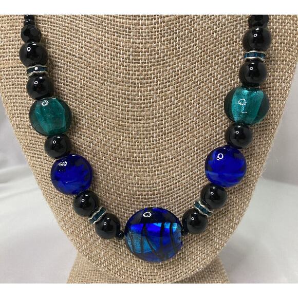 Unbranded Jewelry - Vintage Lampwork Glass Beaded Necklace Blue Black 20” - 22” Adj.